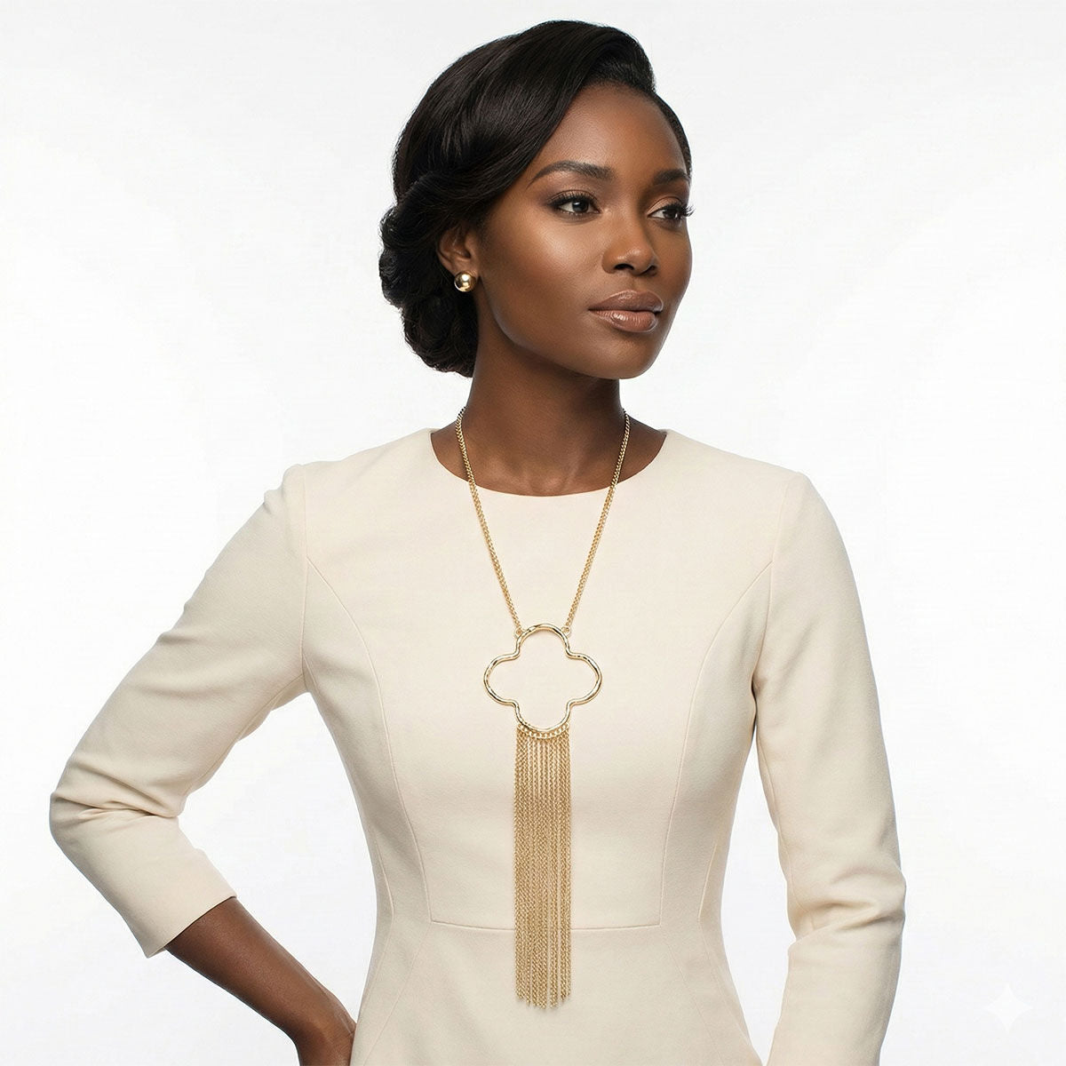 Statement Gold Pendant Necklace with Trending Quatrefoil Fringe Design
