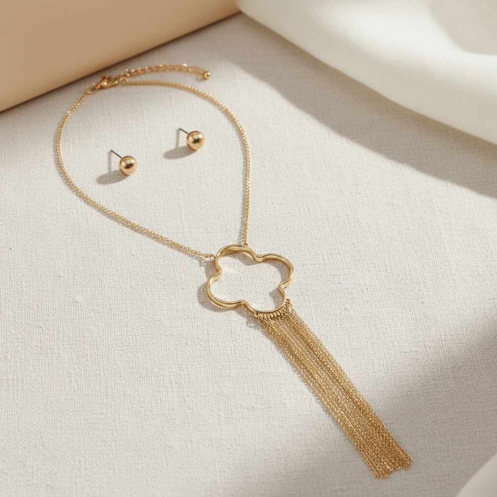 Statement Gold Pendant Necklace with Trending Quatrefoil Fringe Design