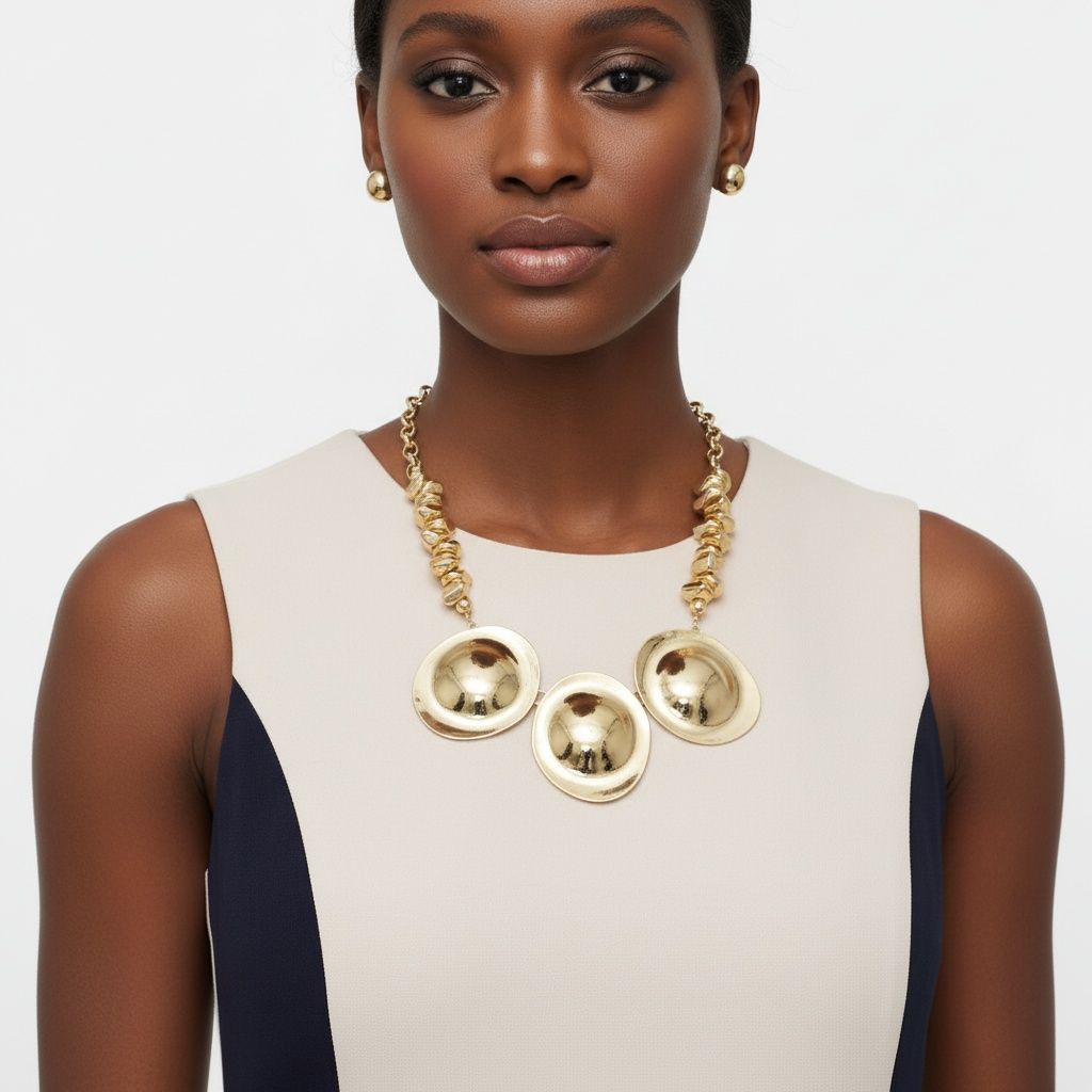 Statement Sculptural Metal Disc Necklace Polished Gold Trendy Chic