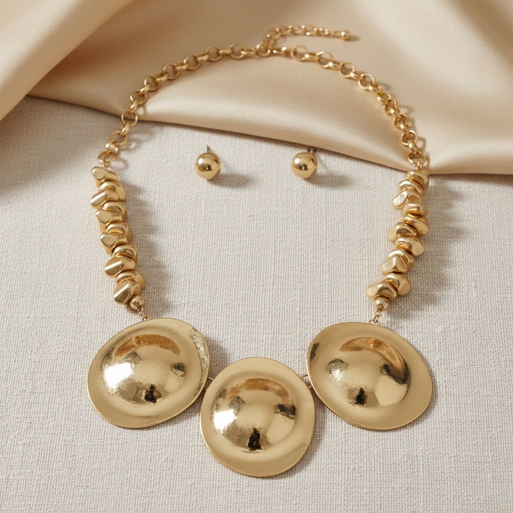 Statement Sculptural Metal Disc Necklace Polished Gold Trendy Chic