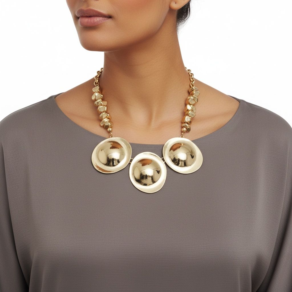 Statement Sculptural Metal Disc Necklace Polished Gold Trendy Chic