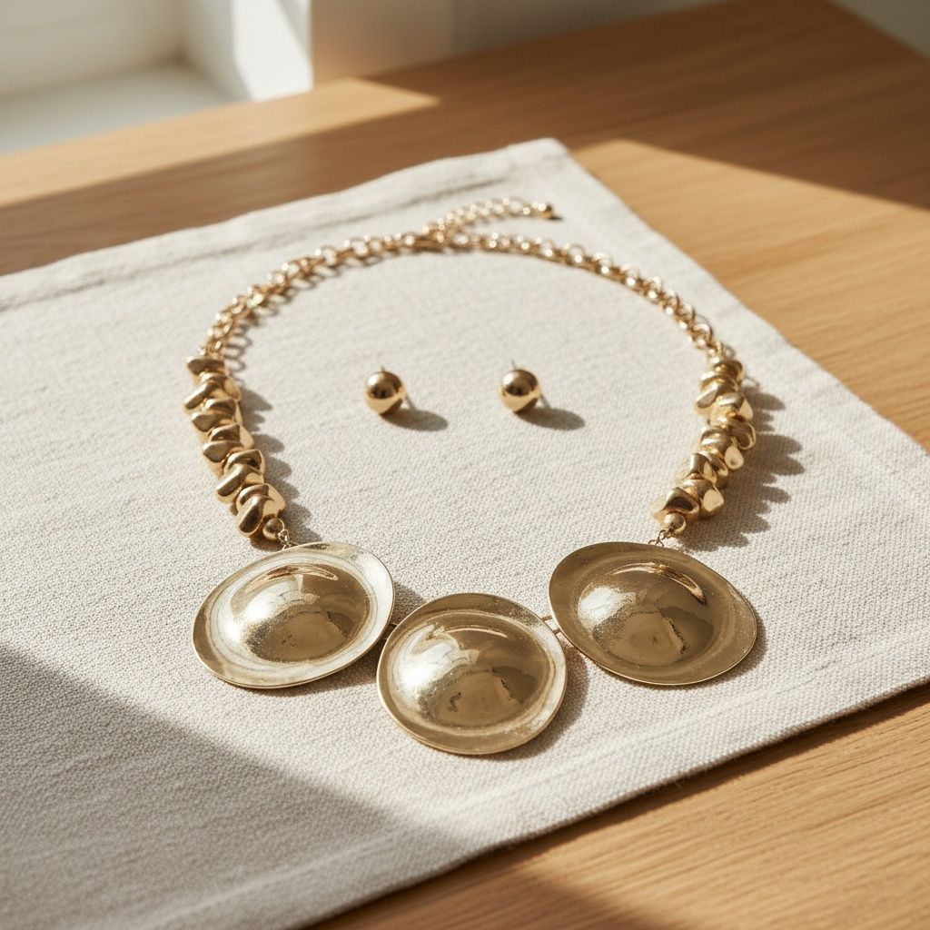 Statement Sculptural Metal Disc Necklace Polished Gold Trendy Chic