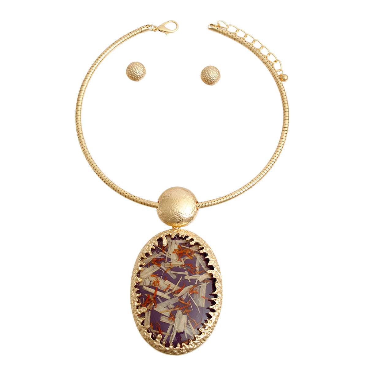 Statement Necklace Oval Purple Confetti with Gold Collar Stylish Chic Accessory