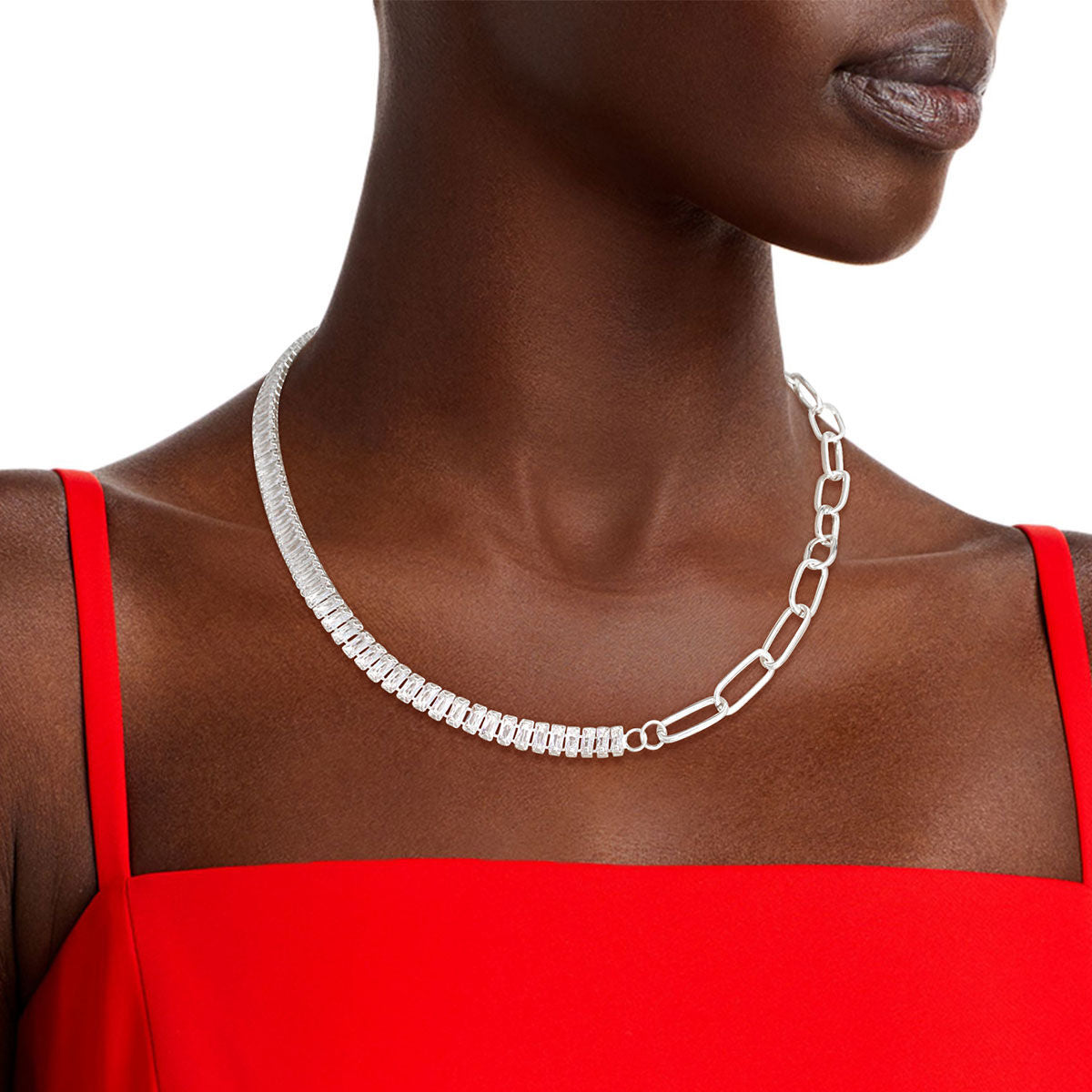 Mixed Link Silver CZ Statement Necklace Stylish Chic Jewelry