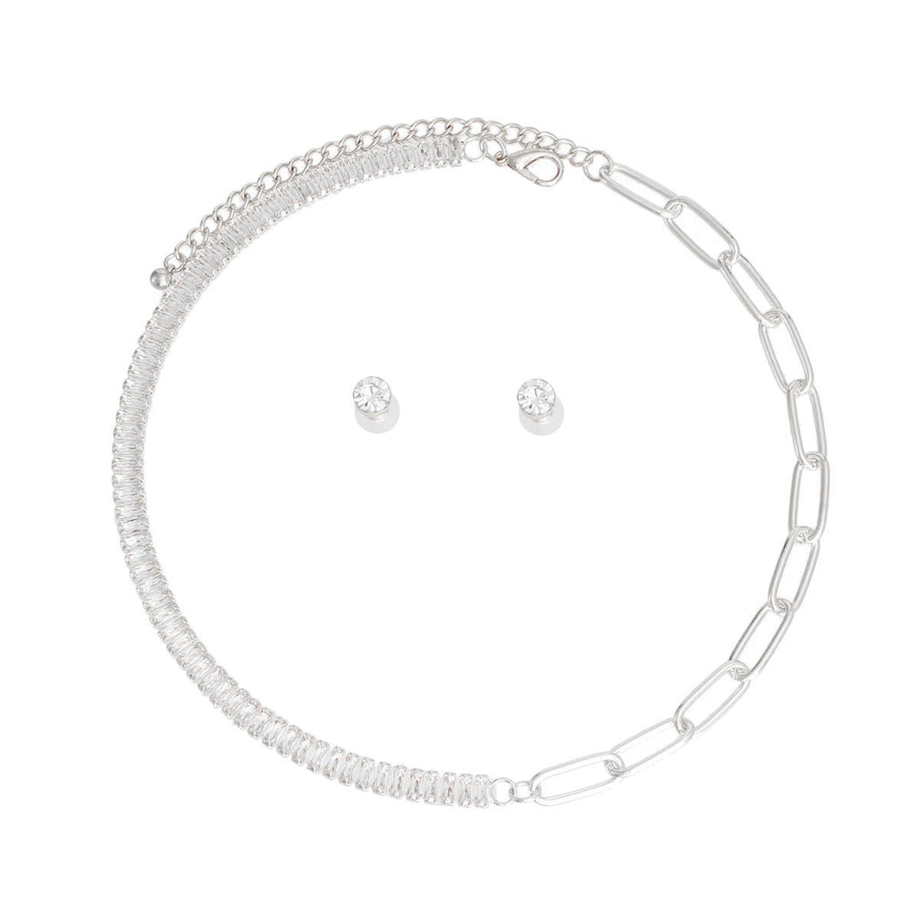 Mixed Link Silver CZ Statement Necklace Stylish Chic Jewelry