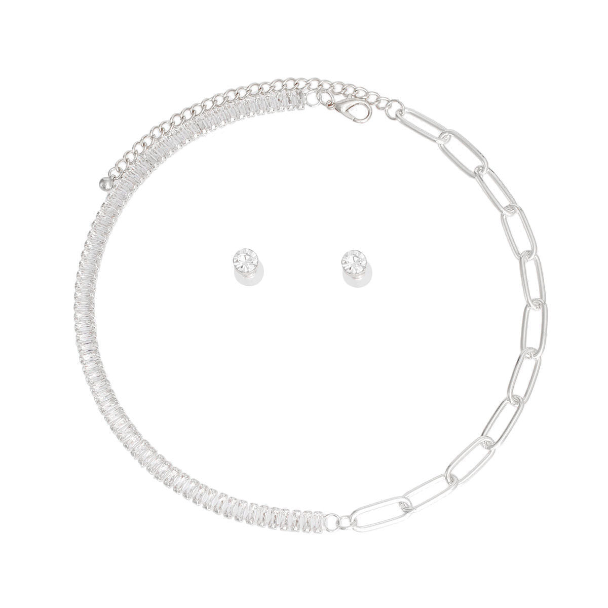 Mixed Link Silver CZ Statement Necklace Stylish Chic Jewelry