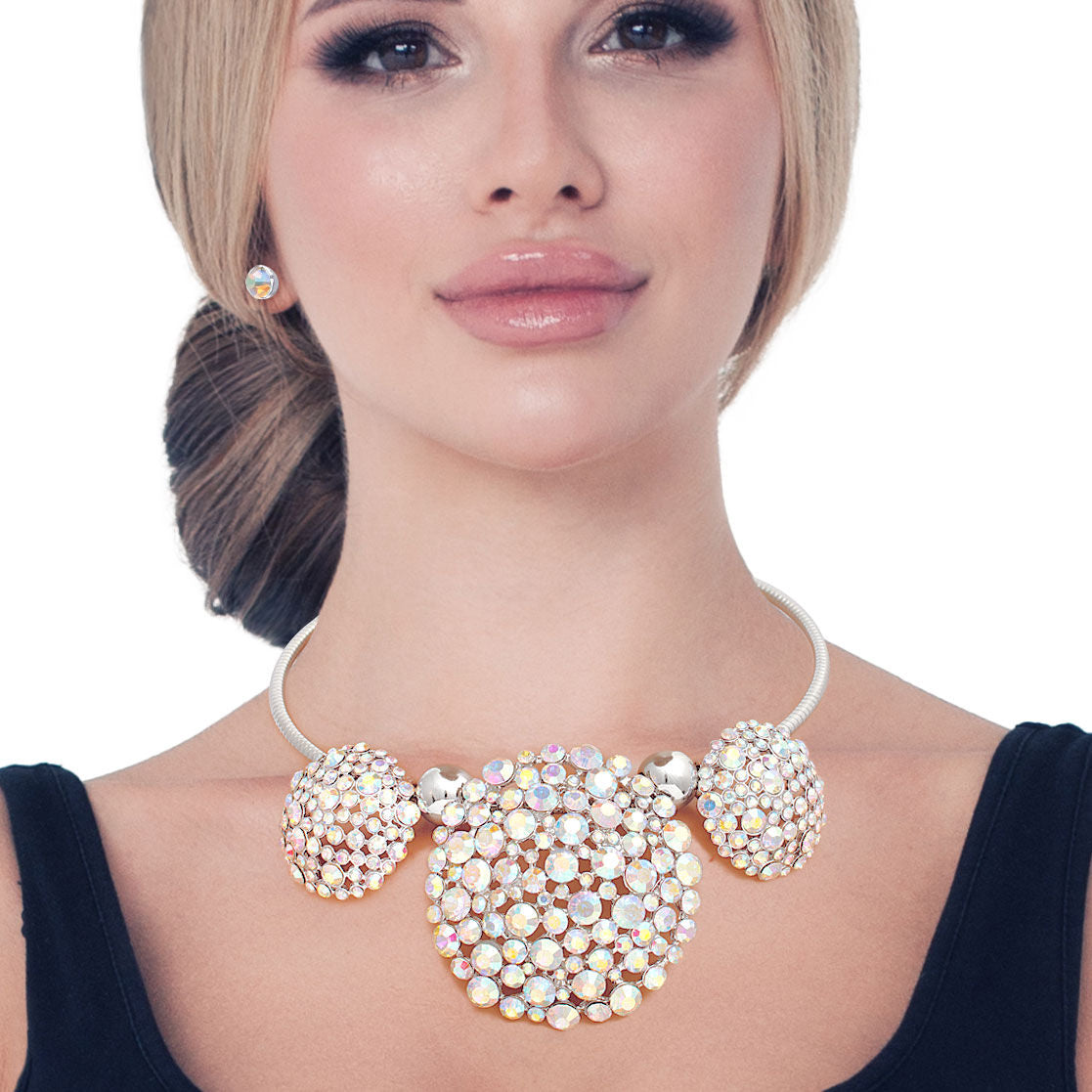 Statement Collar Necklace Aurora Borealis Triple Stone Dome Cluster Stylish Chic