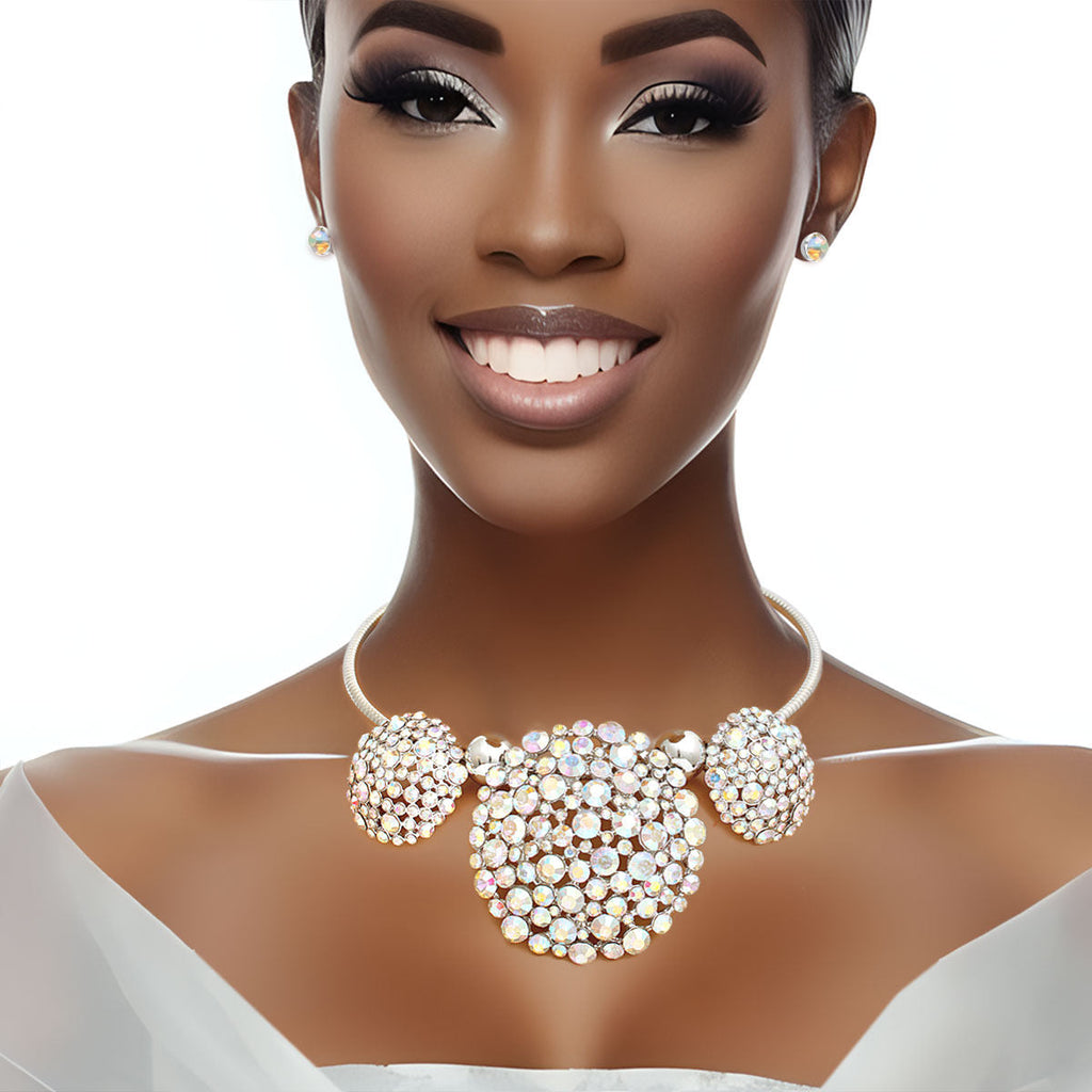 Statement Collar Necklace Aurora Borealis Triple Stone Dome Cluster Stylish Chic