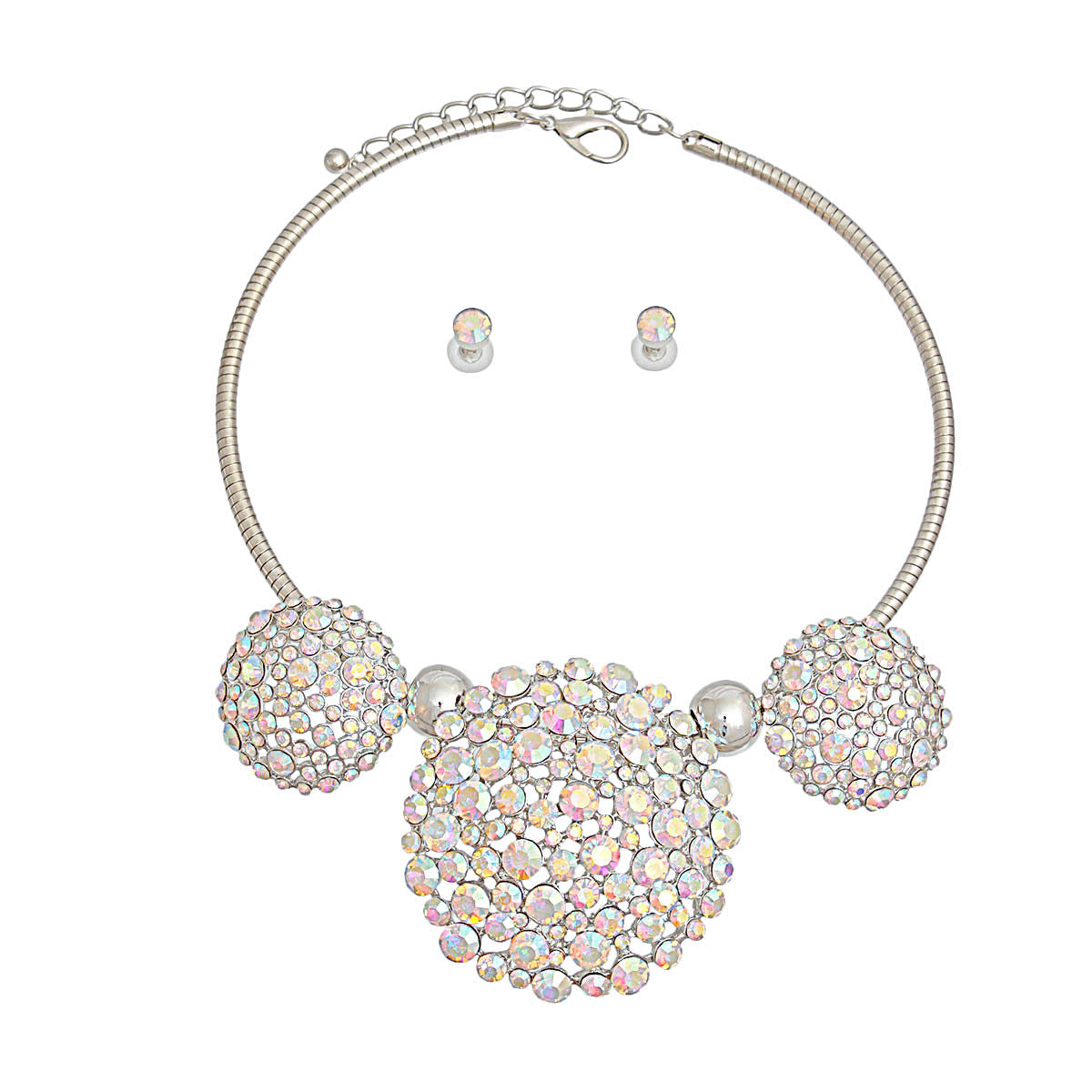 Statement Collar Necklace Aurora Borealis Triple Stone Dome Cluster Stylish Chic