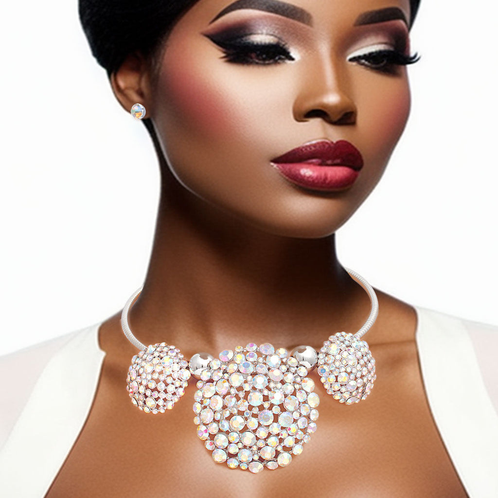 Statement Collar Necklace Aurora Borealis Triple Stone Dome Cluster Stylish Chic
