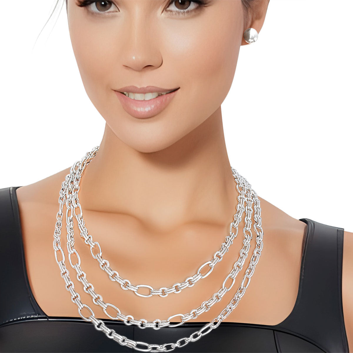 Silver Triple Chain Link Necklace Set for Women – Stylish Layered Jewelry