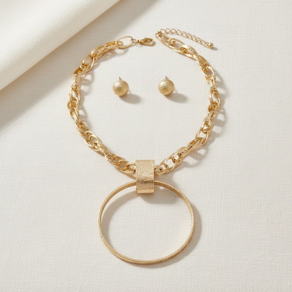 Chunky Gold Pendant Necklace with Large Ring Statement Chain