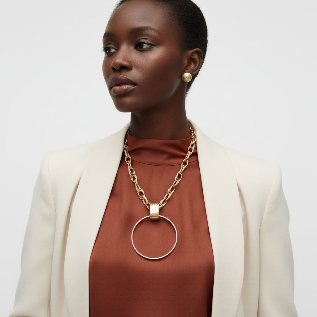Chunky Gold Pendant Necklace with Large Ring Statement Chain