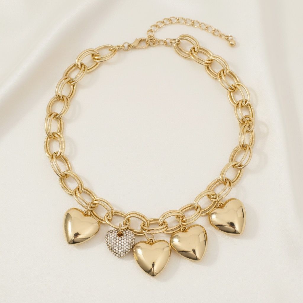 Statement Necklace Gold Chain Puffy Heart Charm with Aurbo Stone Trendy Jewelry