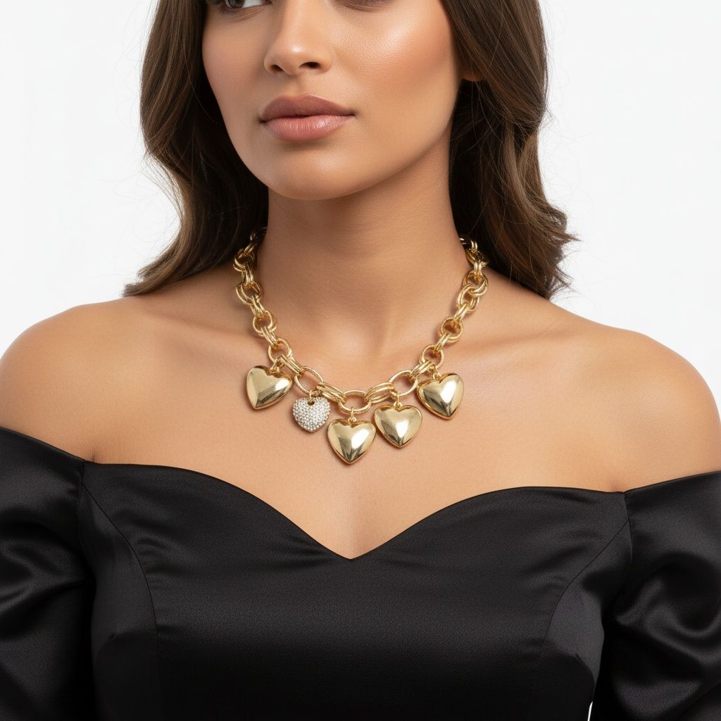 Statement Necklace Gold Chain Puffy Heart Charm with Aurbo Stone Trendy Jewelry