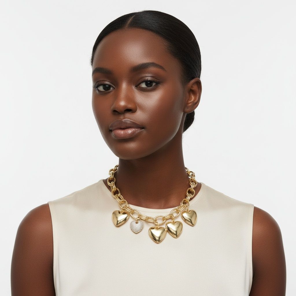 Statement Necklace Gold Chain Puffy Heart Charm with Aurbo Stone Trendy Jewelry