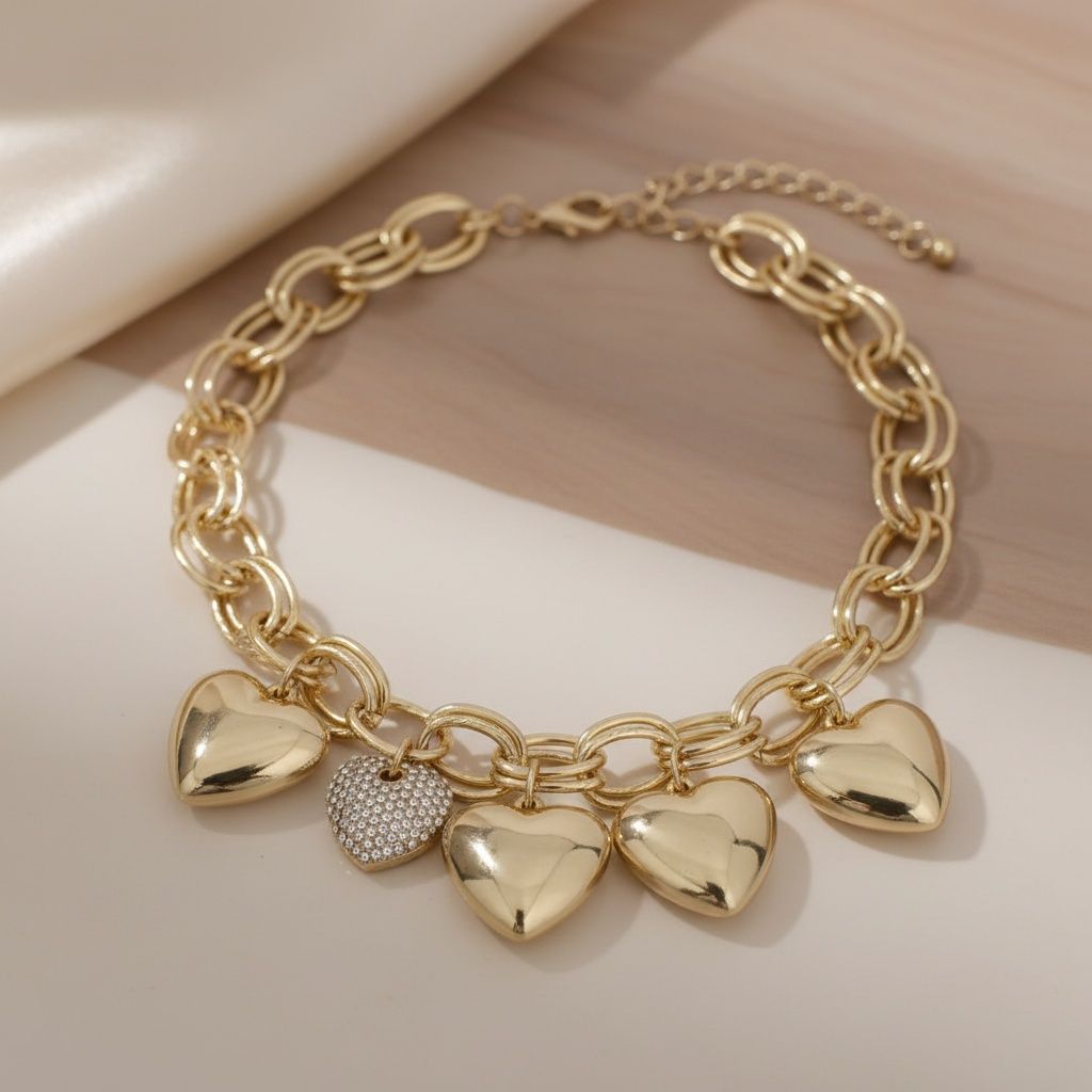 Statement Necklace Gold Chain Puffy Heart Charm with Aurbo Stone Trendy Jewelry