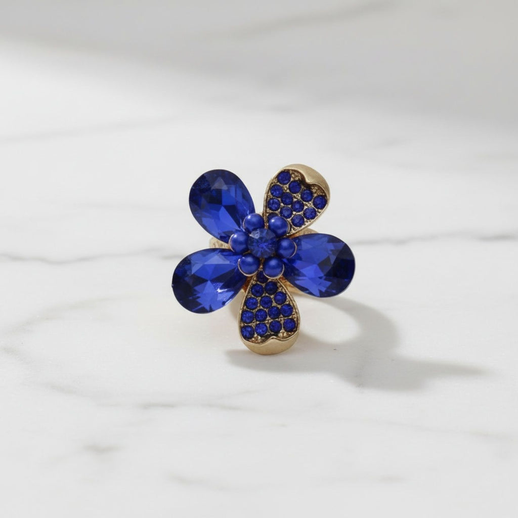 Statement Cocktail Ring Blue Teardrop Crystal Flower Design
