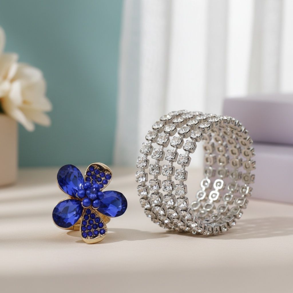 Statement Cocktail Ring Blue Teardrop Crystal Flower Design