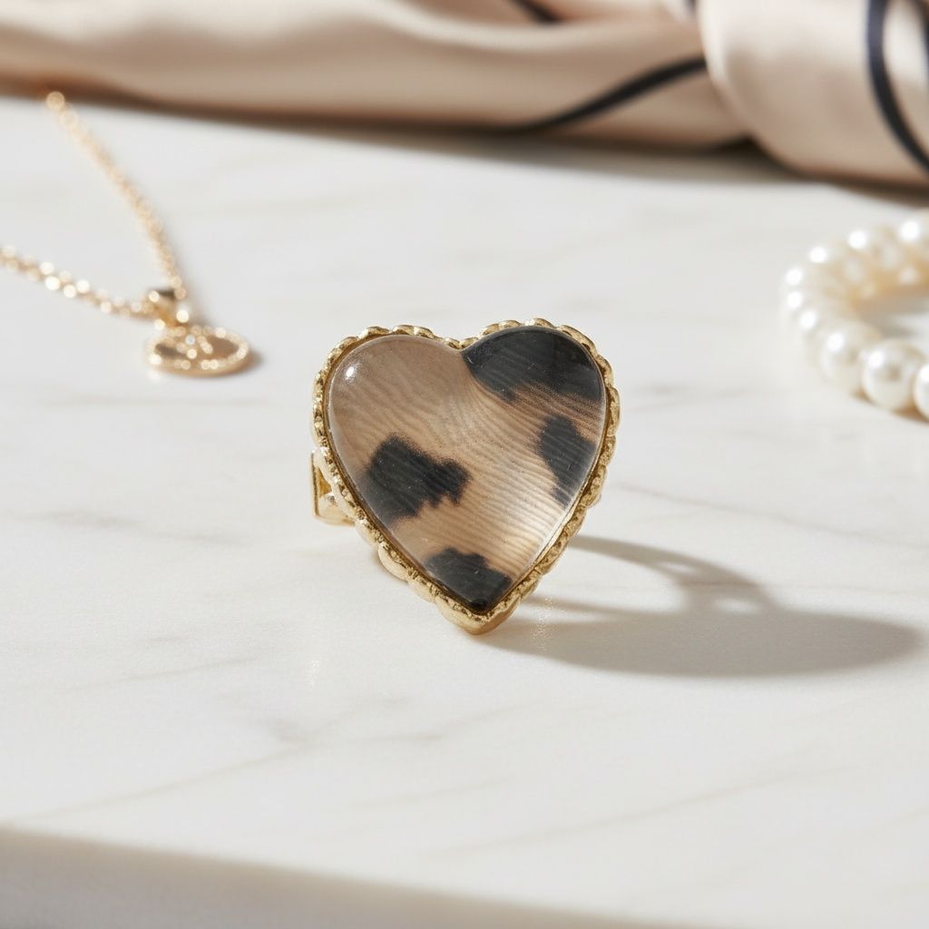 Statement Cocktail Ring Chunky Heart Leopard Print Stretch