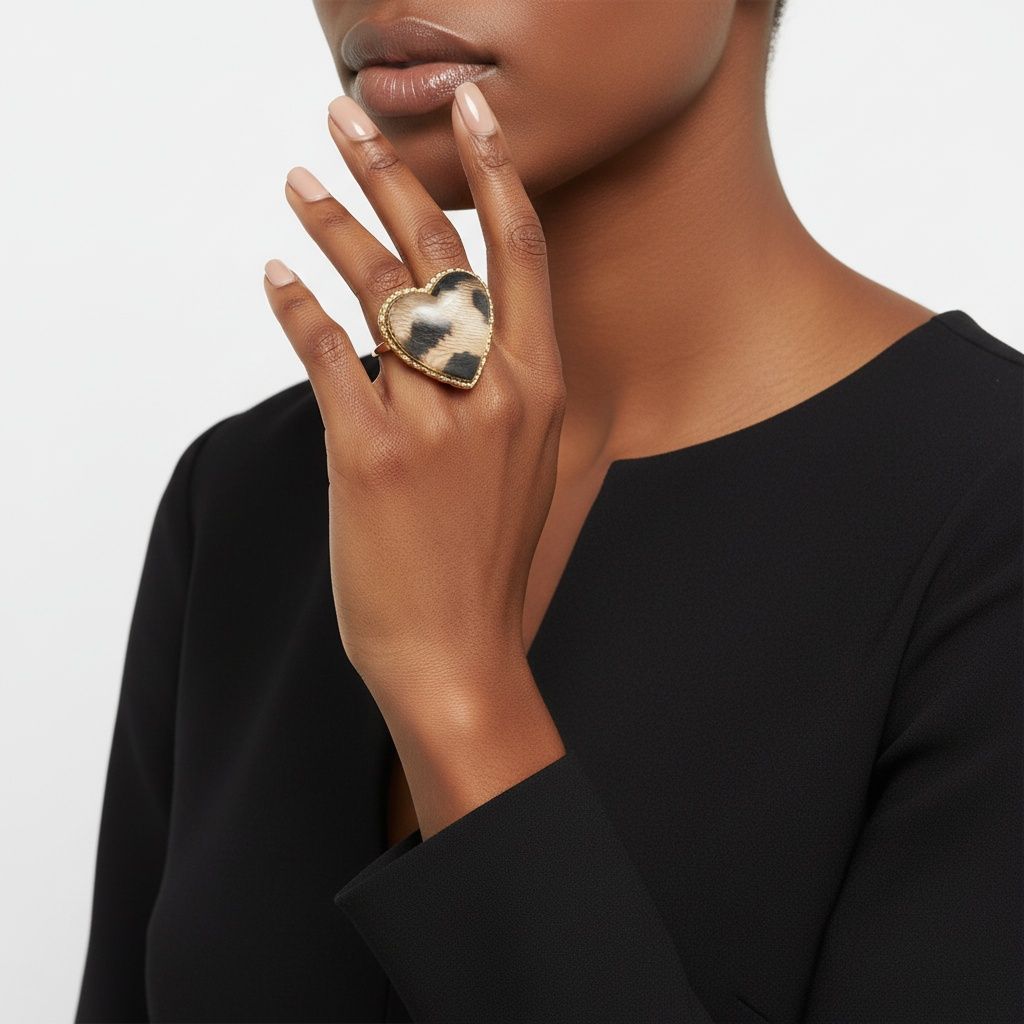 Statement Cocktail Ring Chunky Heart Leopard Print Stretch