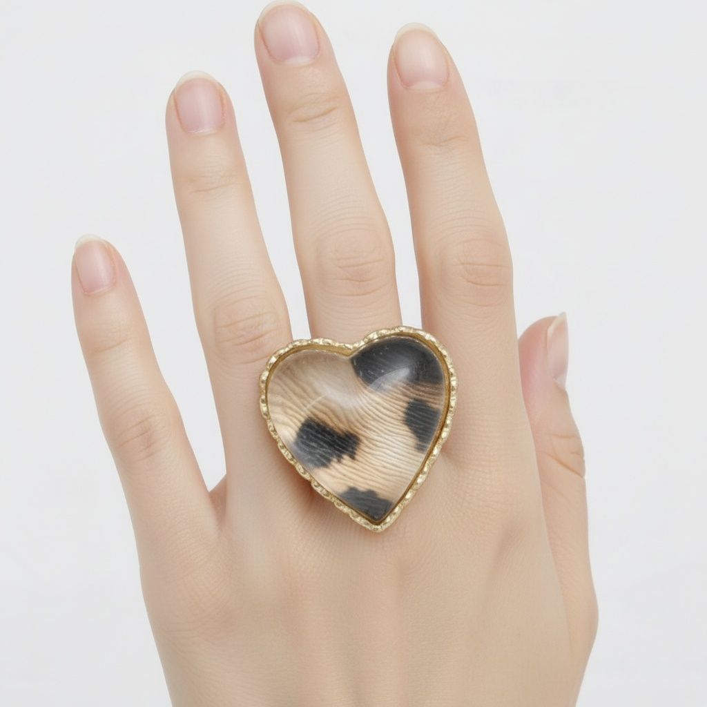 Statement Cocktail Ring Chunky Heart Leopard Print Stretch