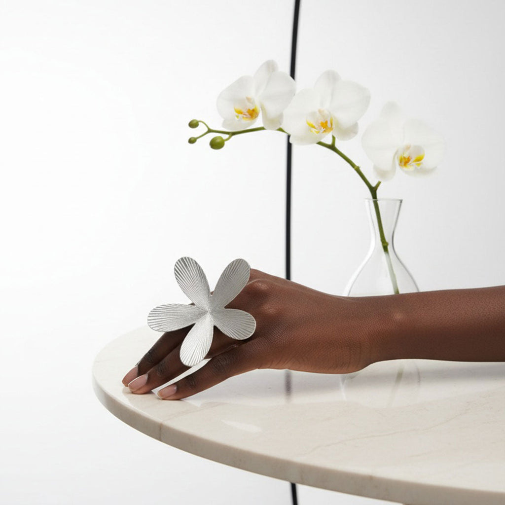 Statement Cocktail Ring Large Silver Ribbed Petal Flower Stylish Fashion Jewelry
