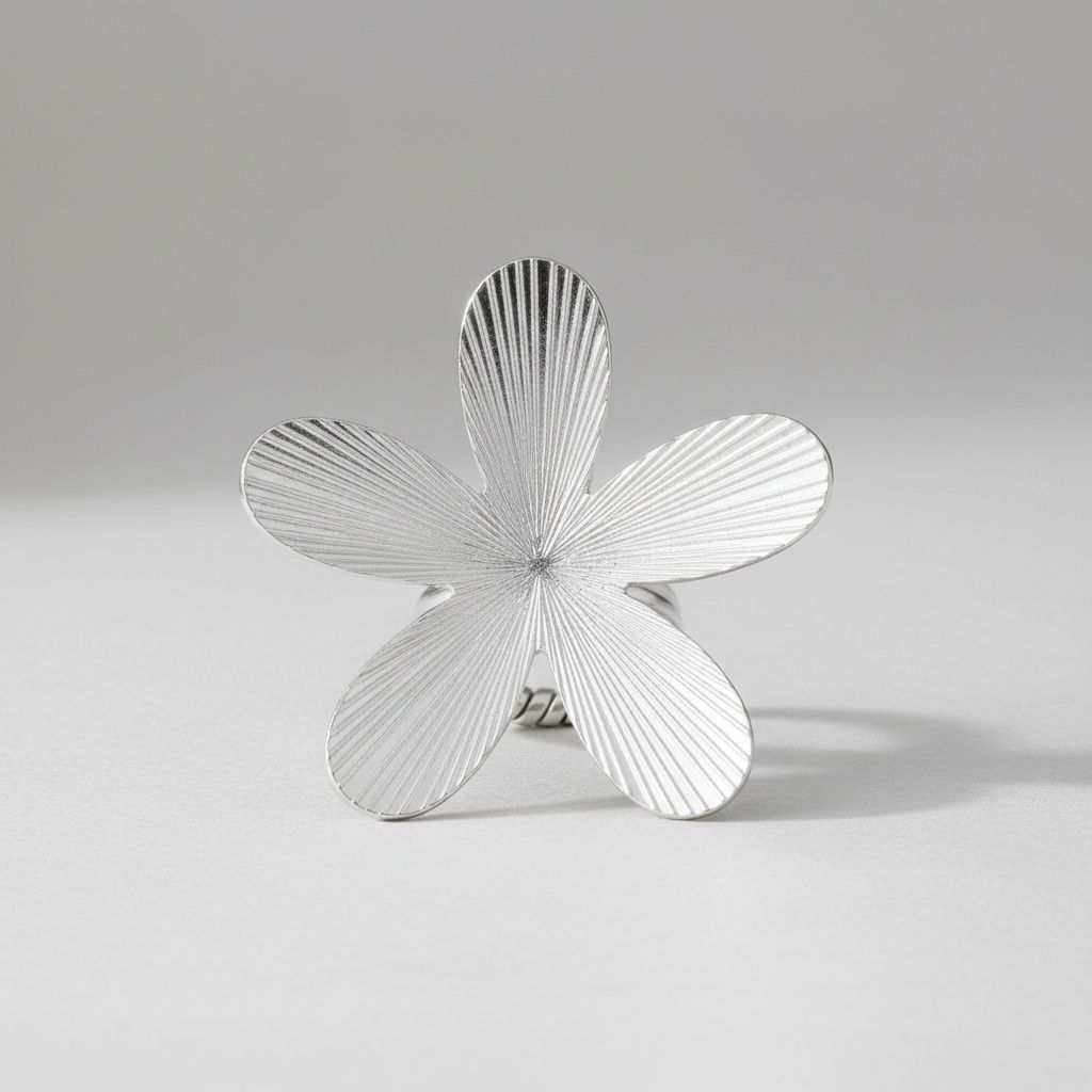 Statement Cocktail Ring Large Silver Ribbed Petal Flower Stylish Fashion Jewelry