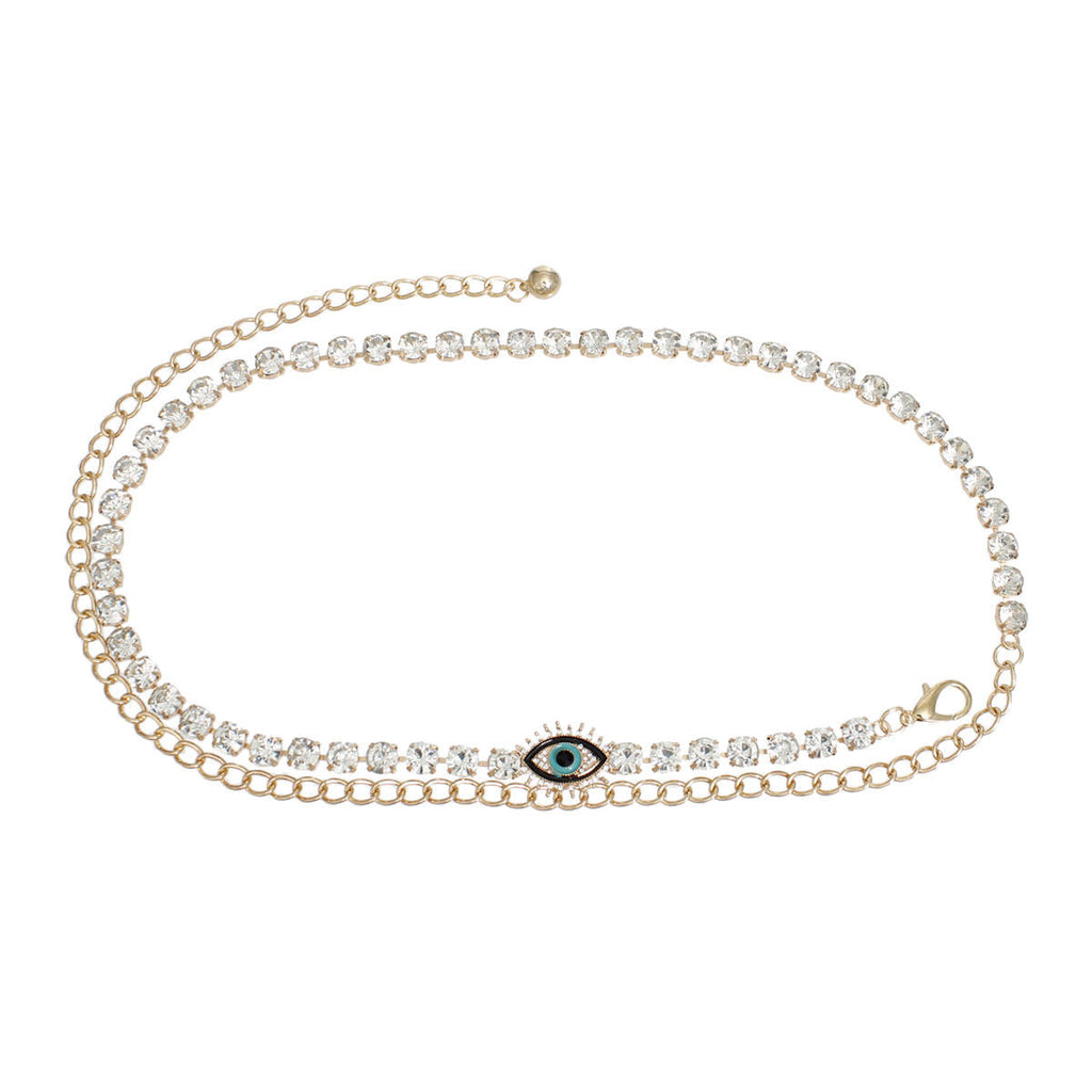 Women’s Rhinestone Gold Evil Eye Chain Belt Stylish Statement Accessory