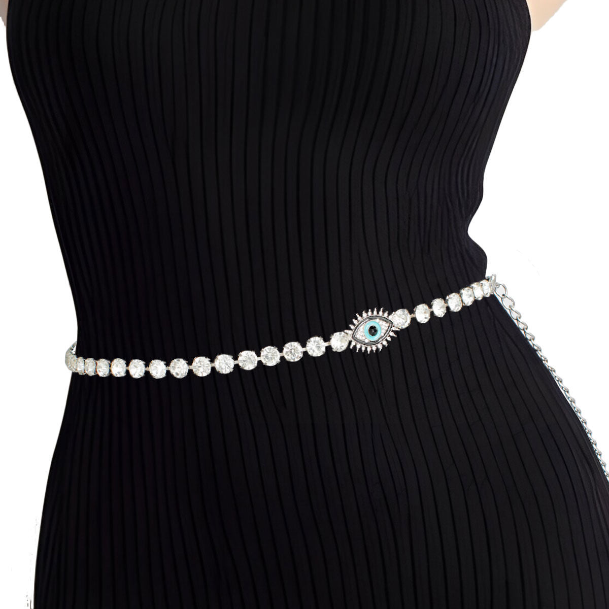Women’s Rhinestone Belt Silver Evil Eye Chain Stylish Statement Accessory