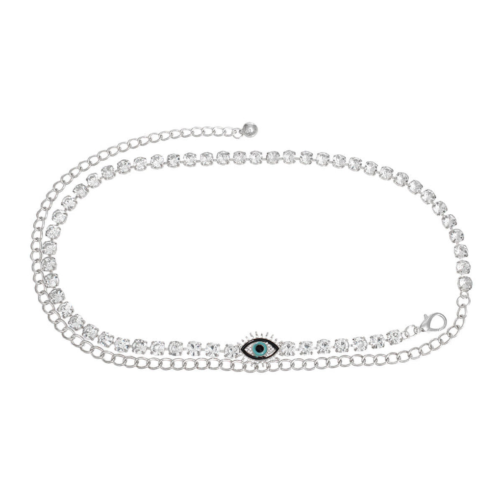 Women’s Rhinestone Belt Silver Evil Eye Chain Stylish Statement Accessory