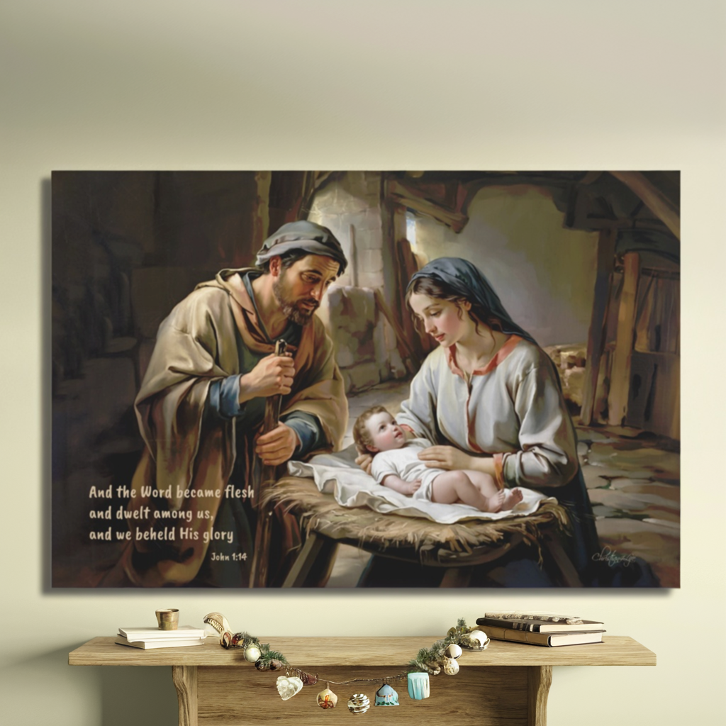 Nativity scene of Baby Jesus, Mary, and Joseph in a stable, with John 1:14 quote - Christian Art Canvas