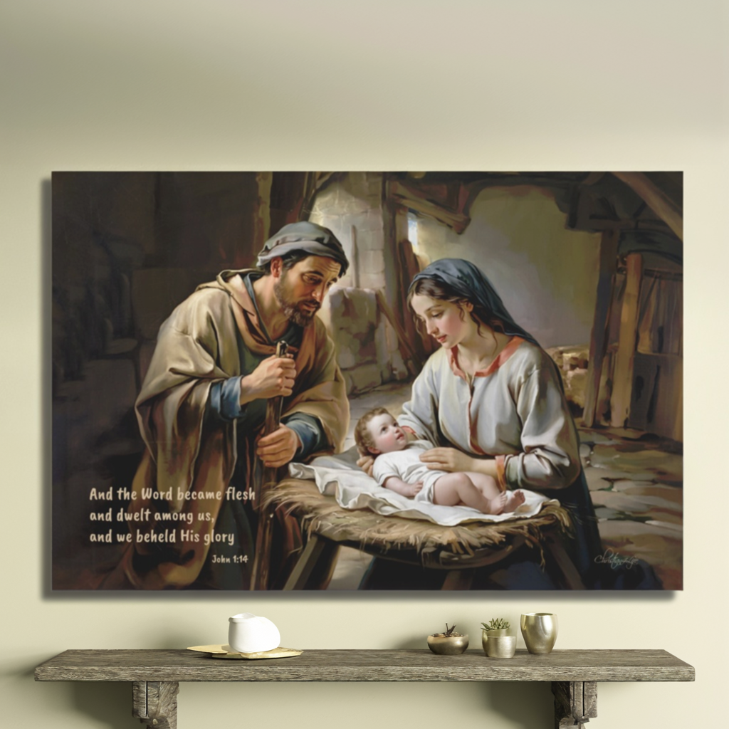Nativity scene of Baby Jesus, Mary, and Joseph in a stable, with John 1:14 quote - Christian Art Canvas