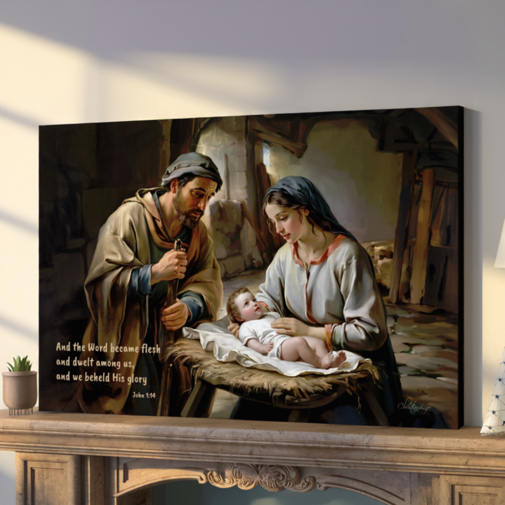 Nativity scene of Baby Jesus, Mary, and Joseph in a stable, with John 1:14 quote - Christian Art Canvas