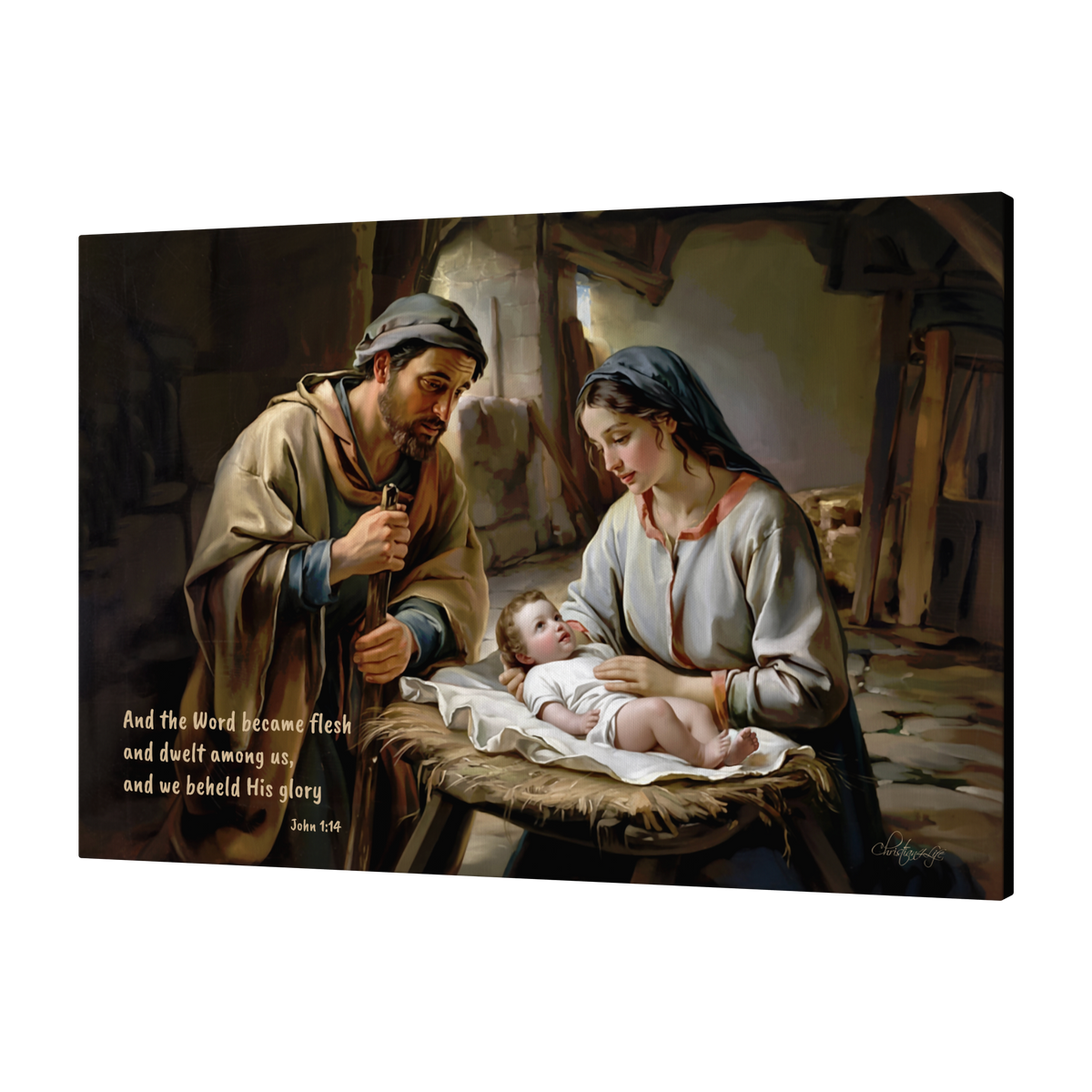 Nativity scene of Baby Jesus, Mary, and Joseph in a stable, with John 1:14 quote - Christian Art Canvas