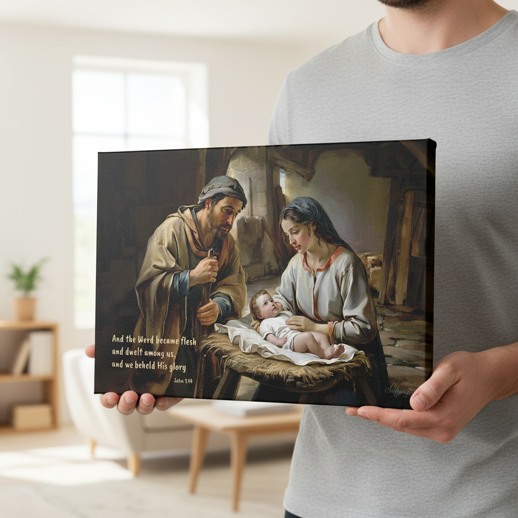 Nativity scene of Baby Jesus, Mary, and Joseph in a stable, with John 1:14 quote - Christian Art Canvas