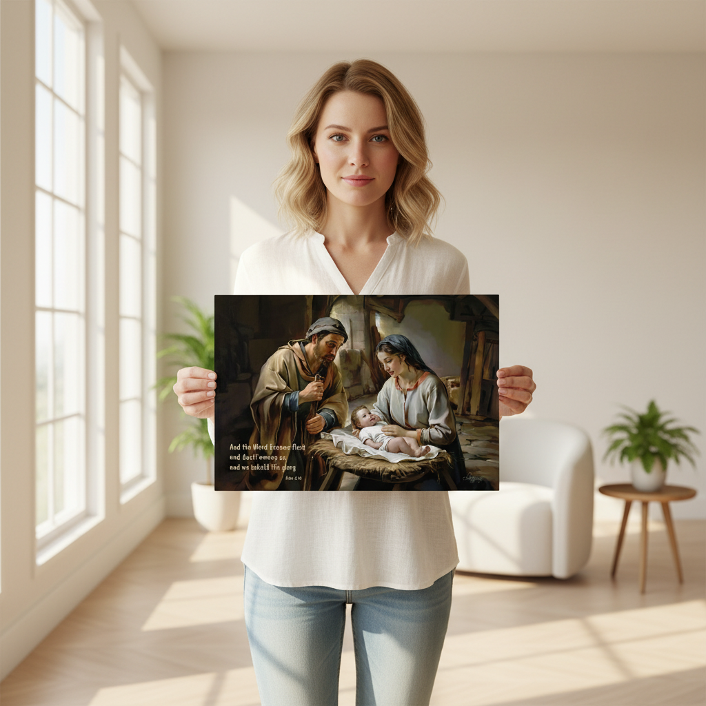 Nativity scene of Baby Jesus, Mary, and Joseph in a stable, with John 1:14 quote - Christian Art Canvas