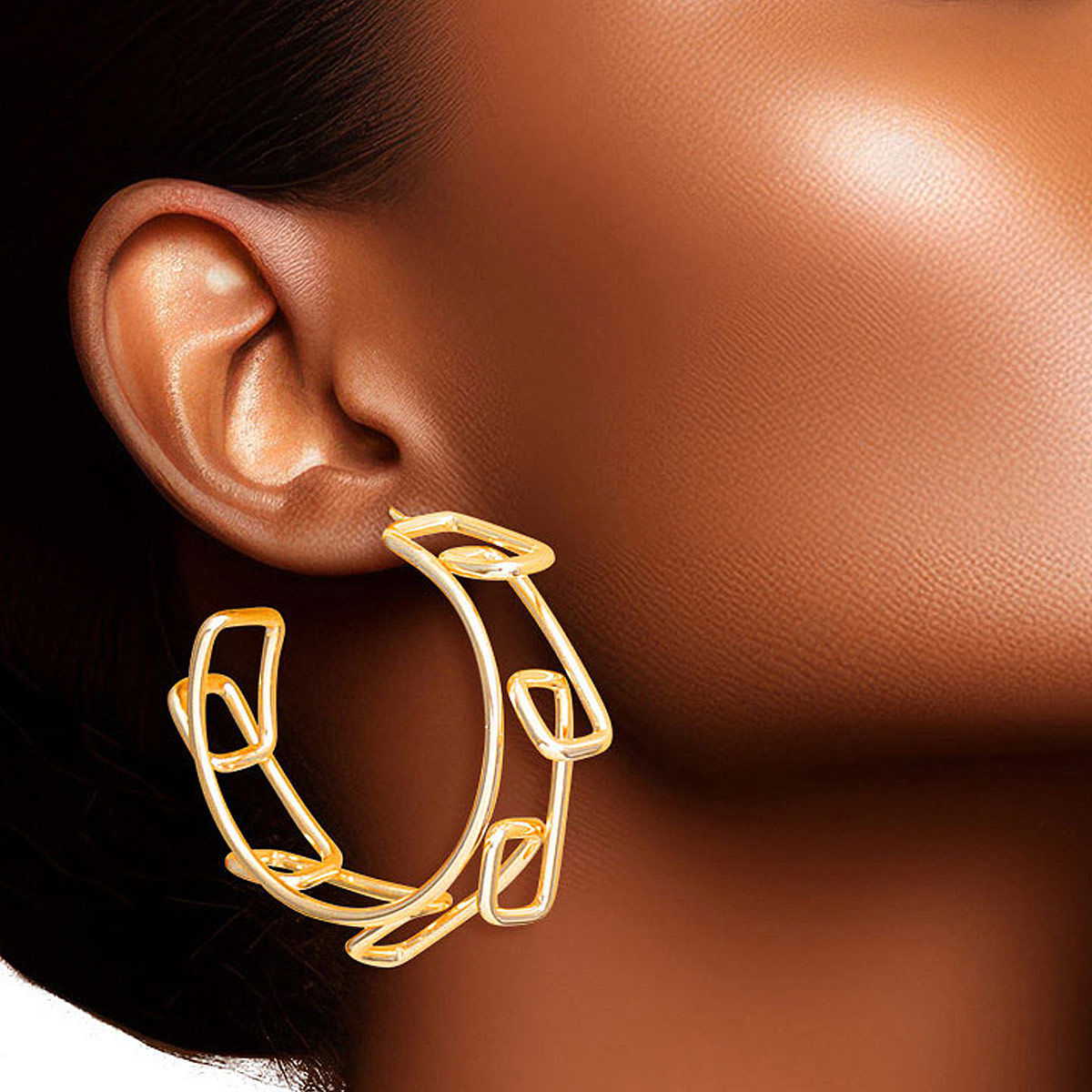 Medium Geo Wire Hoop Earrings 14K Gold Stylish Women’s Jewelry