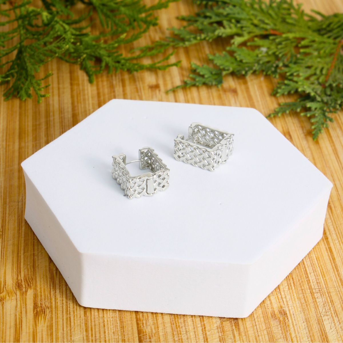 Huggie Hoops 14K White Gold Rattan Square Stylish Earrings
