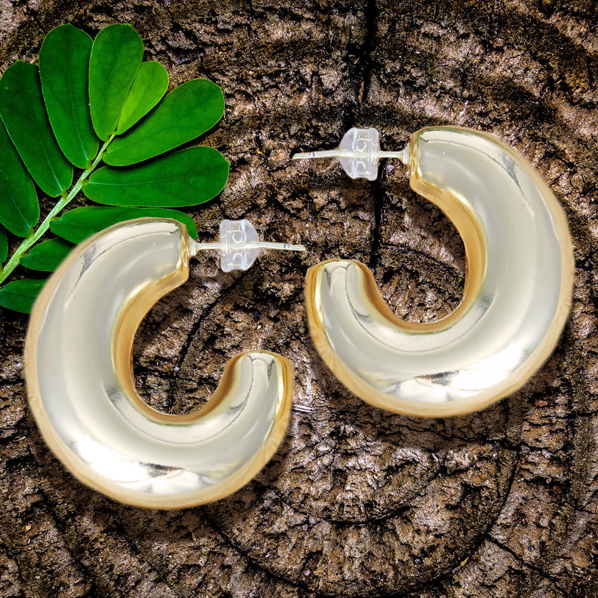 Hoop Earrings 14K Gold Puffy Post Stylish Chic Jewelry