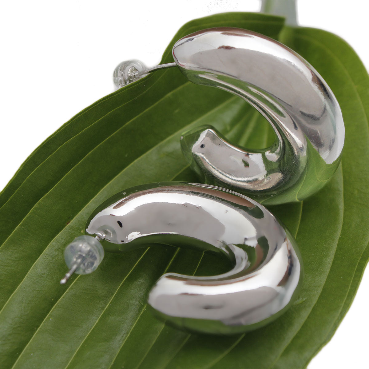 Hoop Earrings 14K White Gold Puffy Post Stylish Chic Jewelry