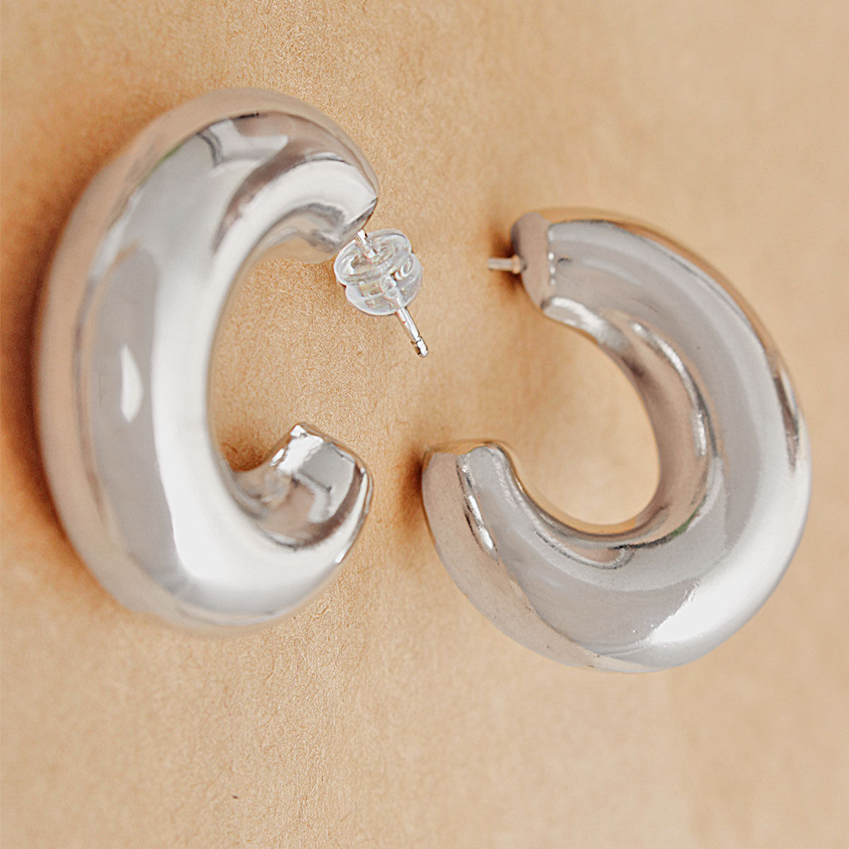 Hoop Earrings 14K White Gold Puffy Post Stylish Chic Jewelry