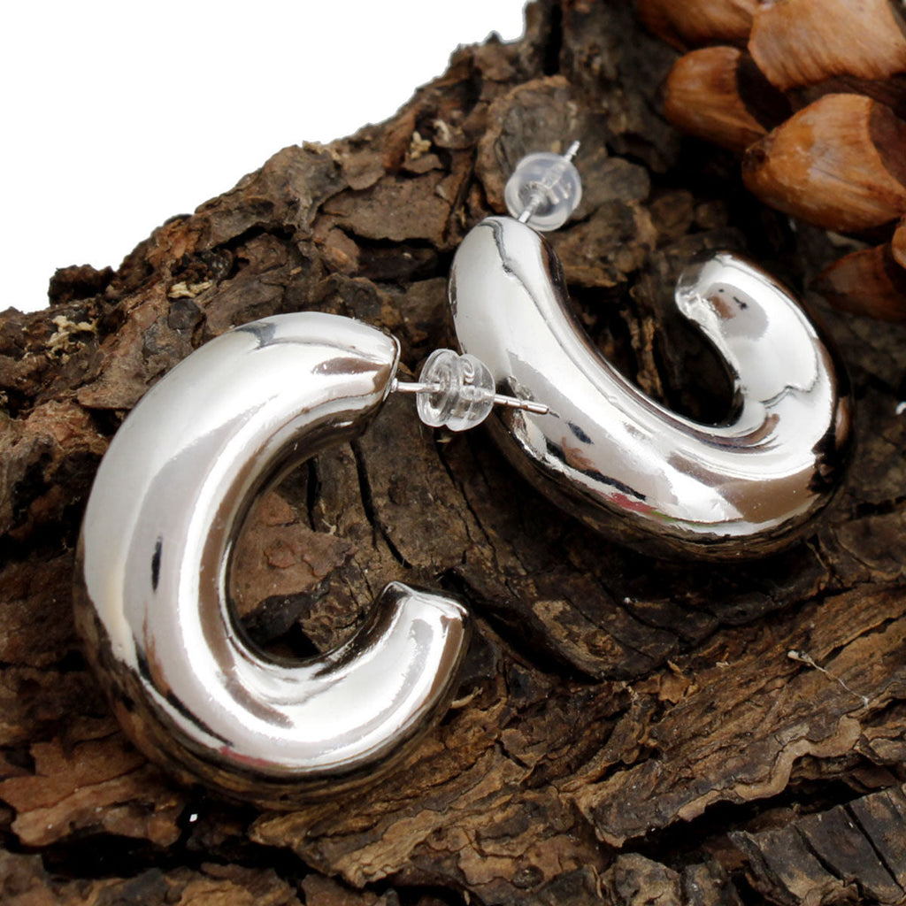 Hoop Earrings 14K White Gold Puffy Post Stylish Chic Jewelry