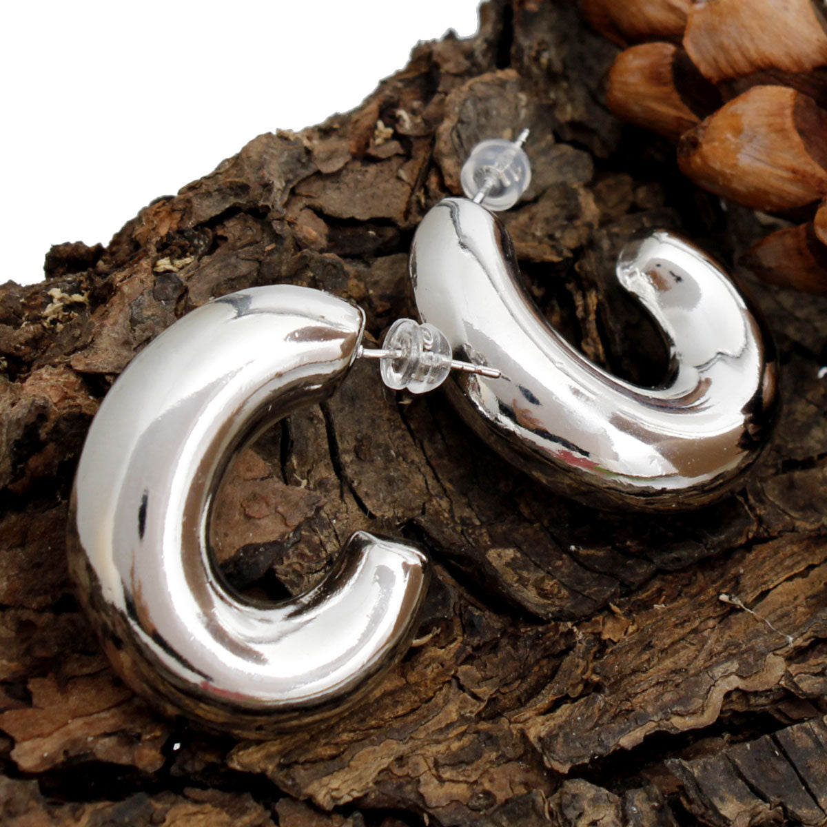 Hoop Earrings 14K White Gold Puffy Post Stylish Chic Jewelry