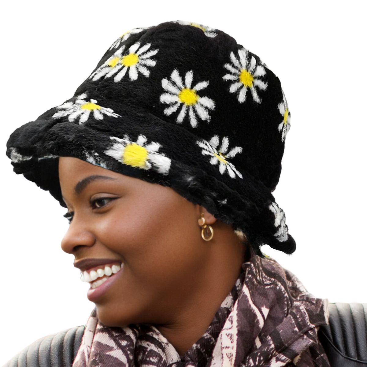 Faux Fur Bucket Hat Black Floral Stylish Casual Accessory