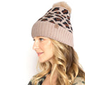 Pom Beanie with Camel Leopard Print - Trendy Casual Fashion Accessory