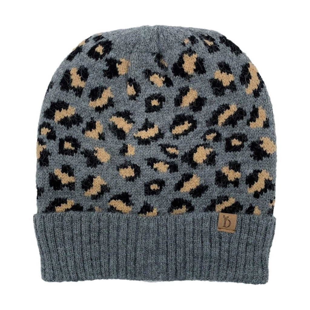 Cuff Beanie Gray Leopard Print Stylish Casual Knit Hat