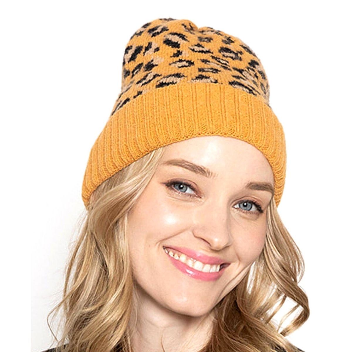 Cuff Beanie Mustard Leopard Print Trendy Casual Hat