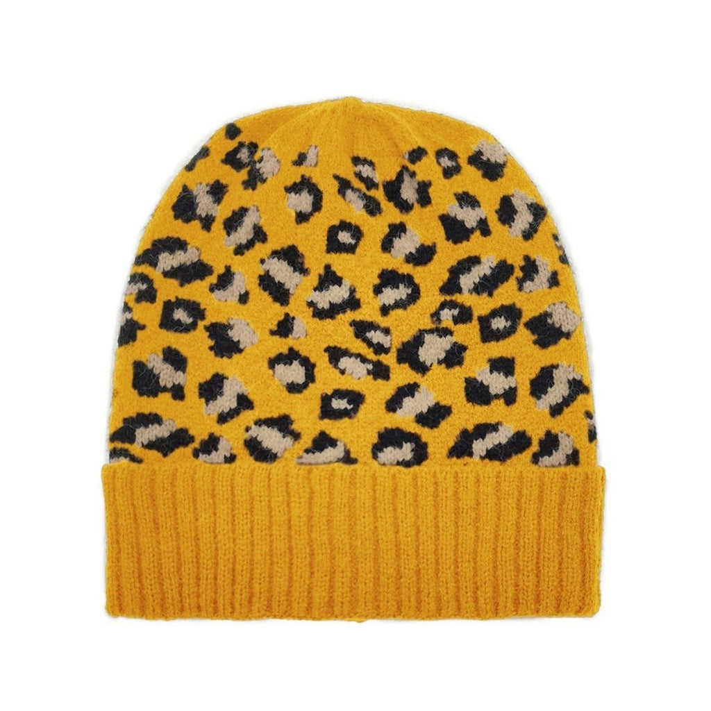 Cuff Beanie Mustard Leopard Print Trendy Casual Hat