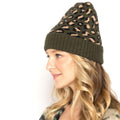 Cuff Beanie Olive Leopard Print Stylish Casual Knit Hat